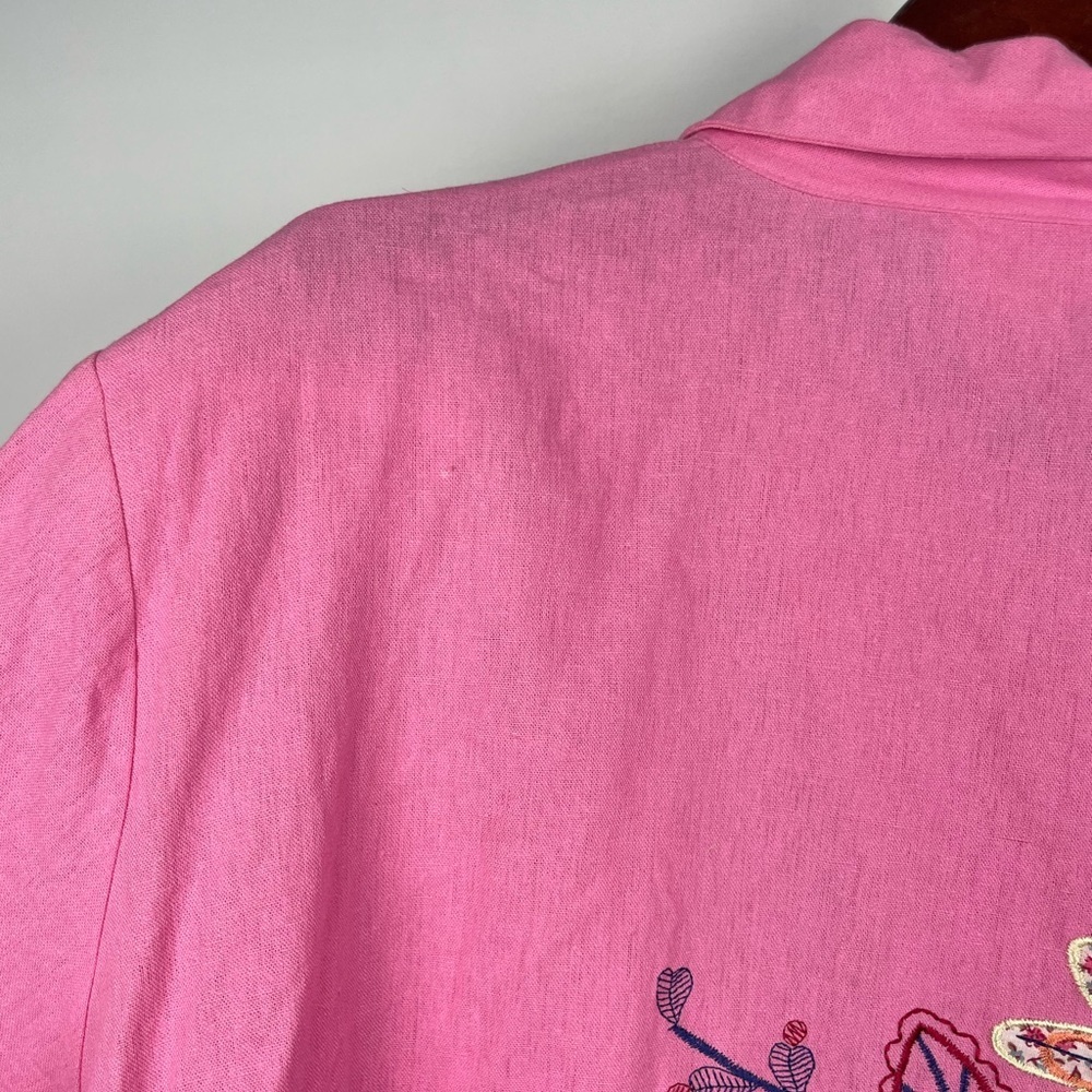 Anna Maxwell Pink Linen Blend Embroidered Floral Short Sleeve Button Up Shirt - Picture 6 of 10